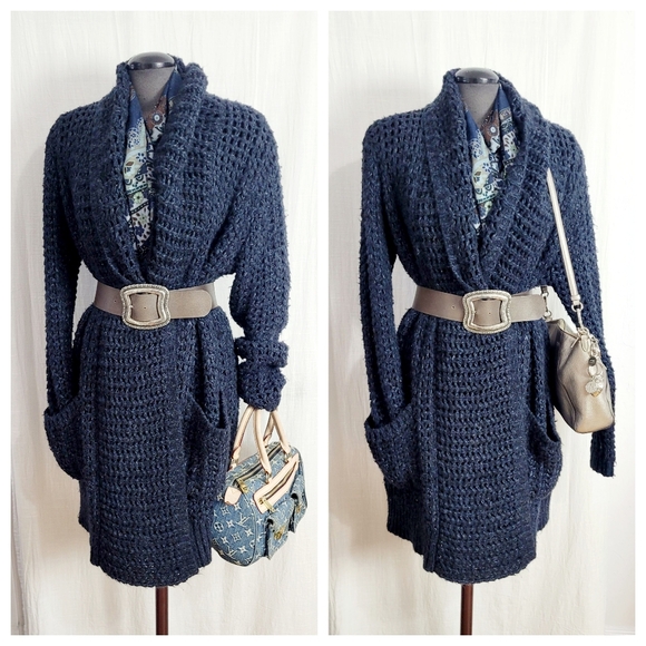 Women's Navy Open Knit Cardigan - Picture 8 of 10